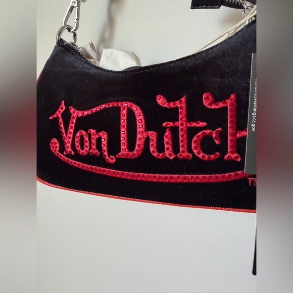 Viral Von Dutch Black Velvet and Red Shoulder Bag with silver charm chain - Picture 3 of 5